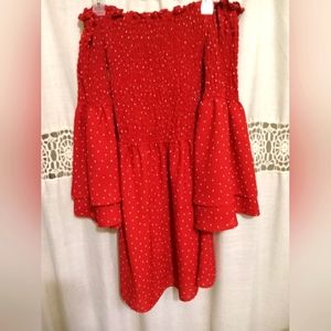 Red polka dot off the shoulder dress